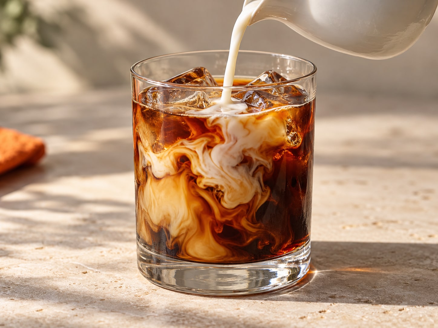 Milk pouring into iced coffee, forming pale swirls in a clear glass.