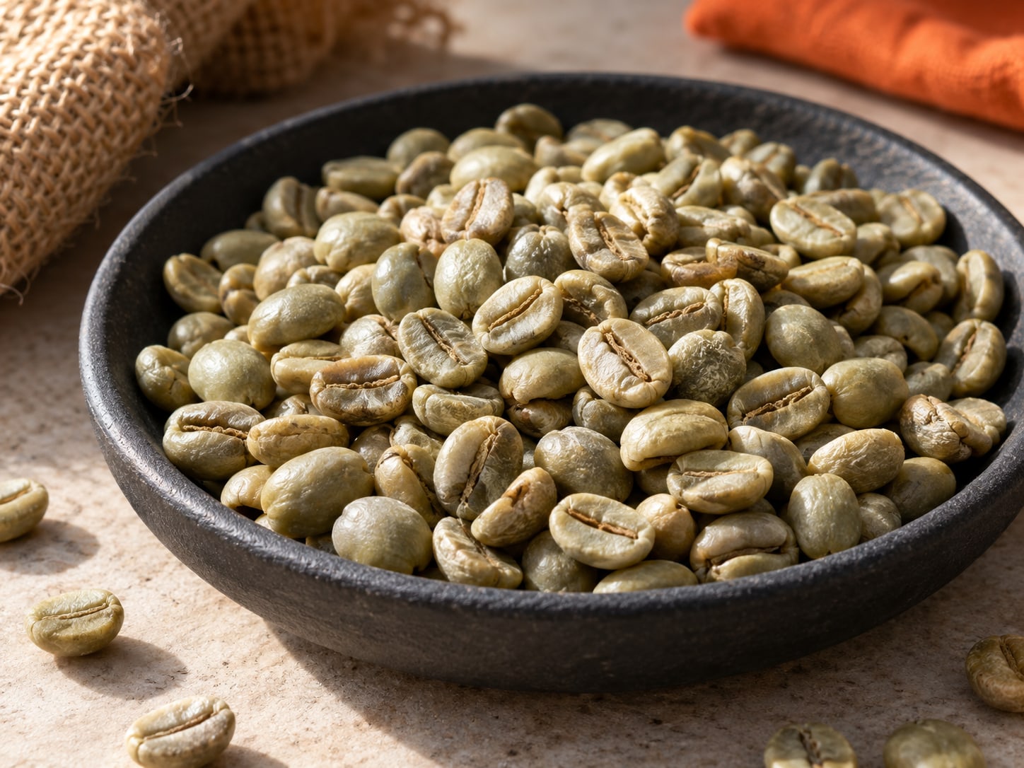 Pale green unroasted coffee beans in a dark shallow tray with burlap and an orange cloth.