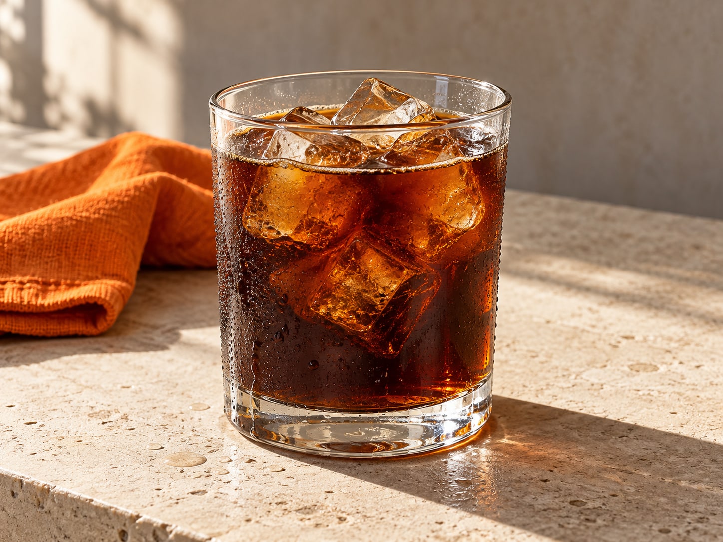 A glass of black coffee with clear ice cubes, condensation and an orange cloth.