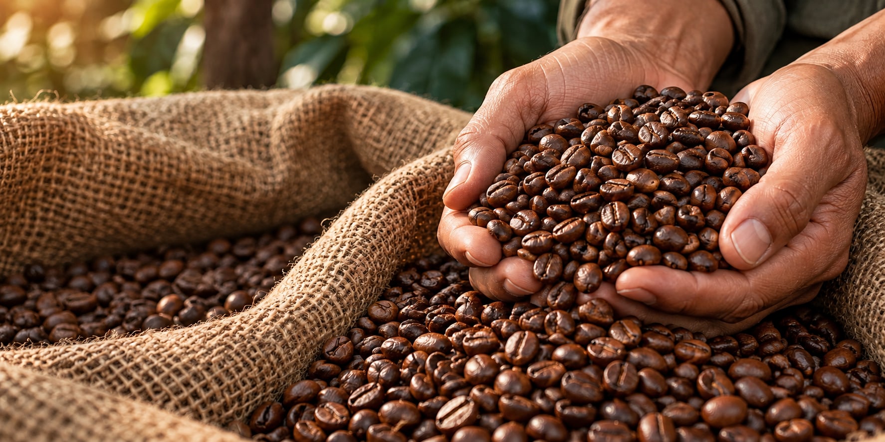 Roasted coffee beans held in cupped hands above a burlap sack.